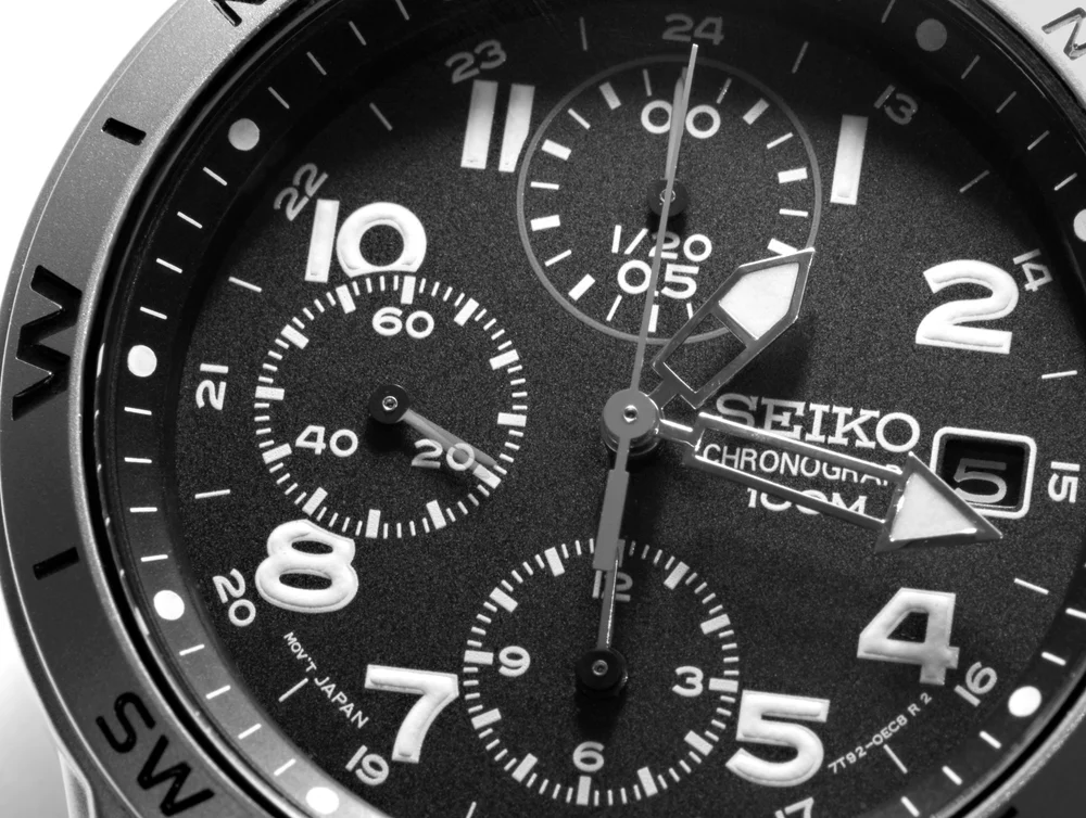Close-up of a Seiko quartz chronograph dial and its stopwatch subdials