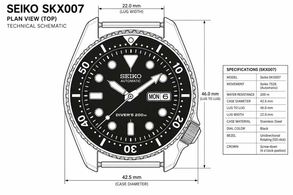 Seiko SKX007 drawing showing case diameter, lug-to-lug length and the gap for a strap
