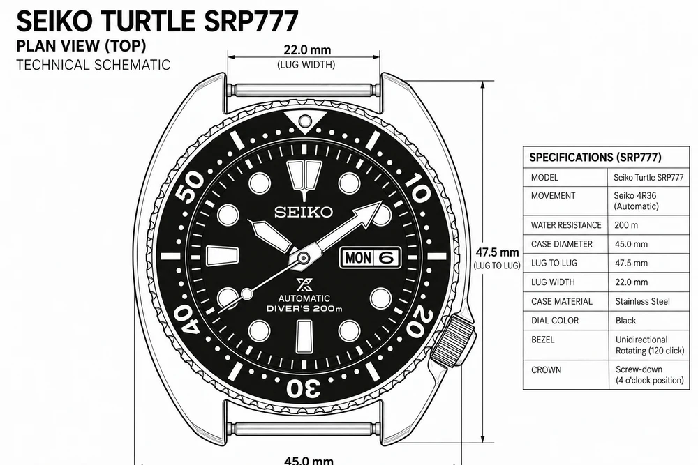 Seiko Turtle SRP777 plan drawing with a broad cushion case and 22mm strap gap