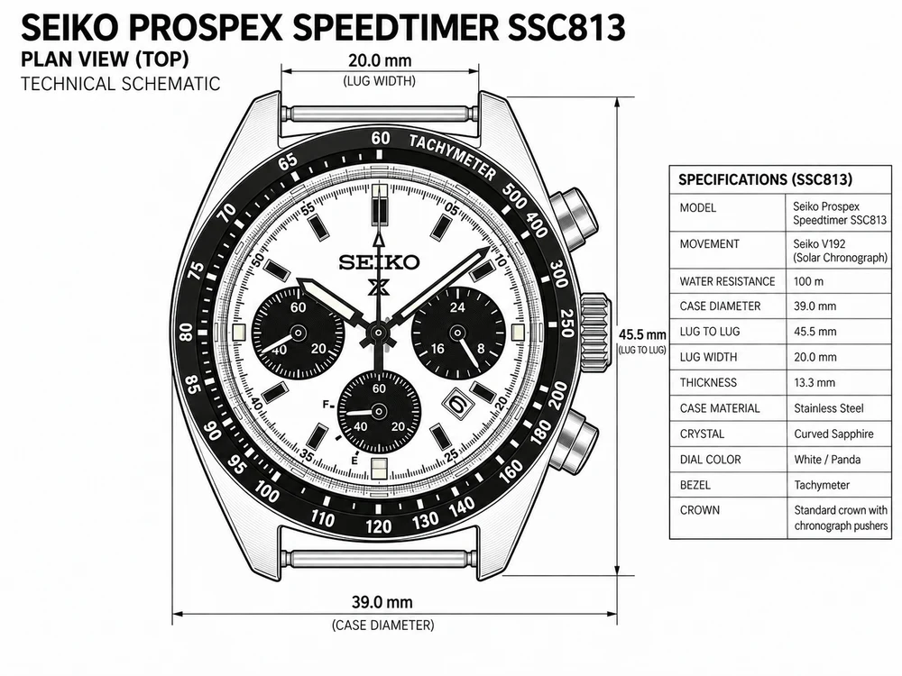 Seiko Speedtimer SSC813 plan drawing with case and lug dimensions