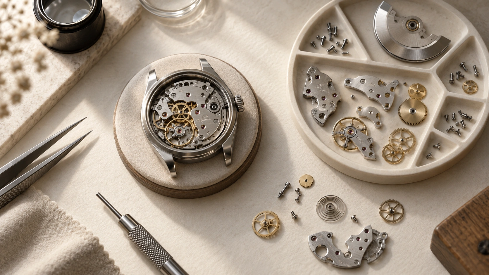Editorial illustration of a watchmaker’s bench with movement parts, gears and precision tools